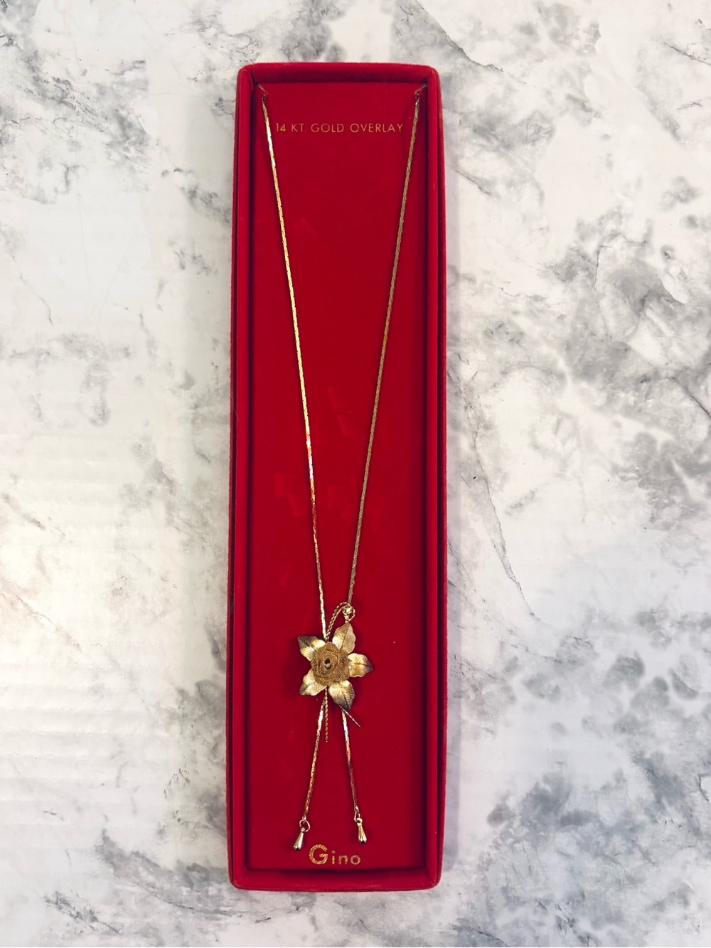 Vintage Gino 14KT Gold Overlay Floral Slide Lariat Bolo Necklace NIB